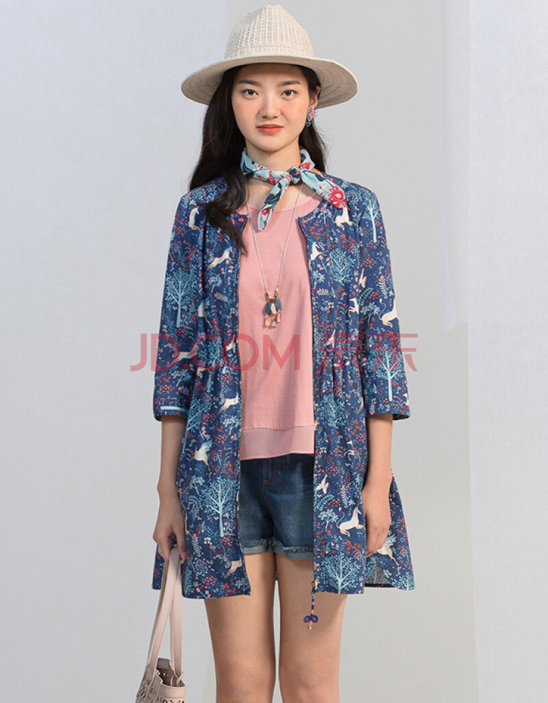 渔牌风衣女2020春新款薄款纯棉女士中长款宽松印花外套七分袖上装