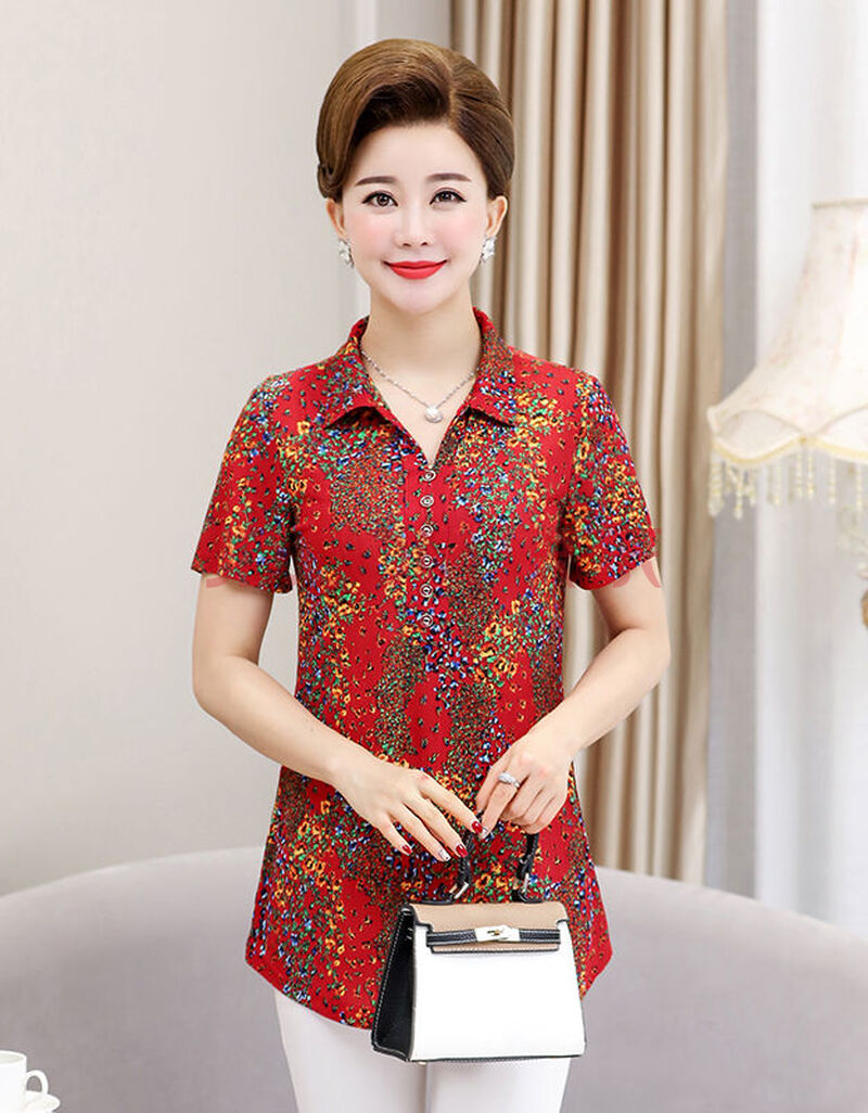 中年妈妈款衬衣上衣薄款小衫洋气中老年女夏装短袖t恤宽松打底衫 红色