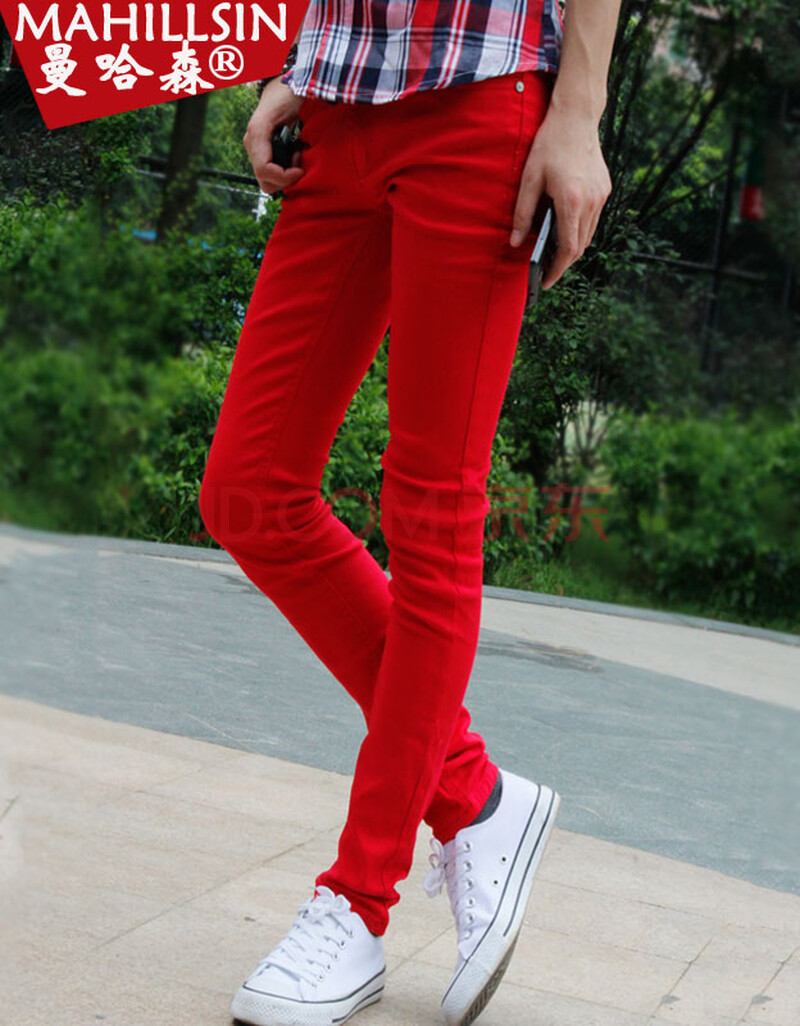 曼哈森2014秋季大红色修身牛仔裤男士小脚铅笔裤子潮男韩版长裤子