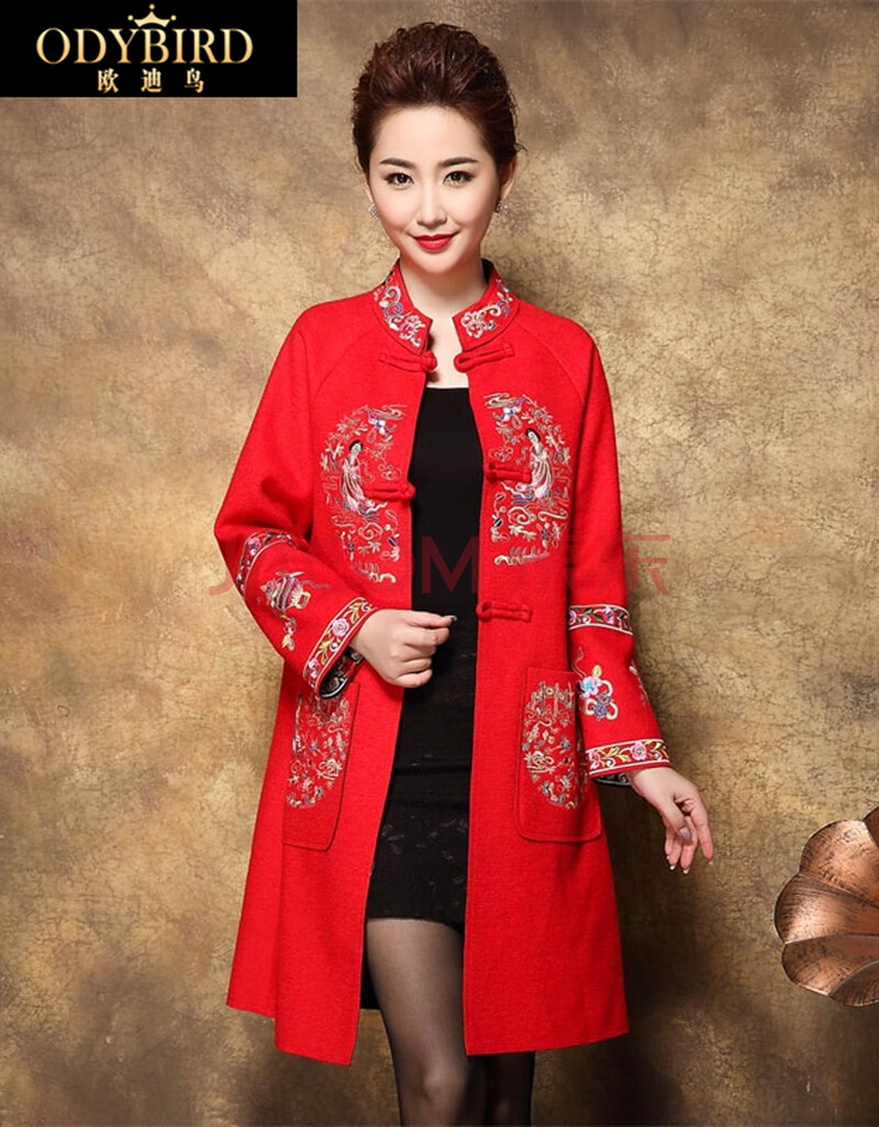 欧迪鸟品牌中年唐装女2019春季新品中长款毛呢外套男纯色中国风刺绣