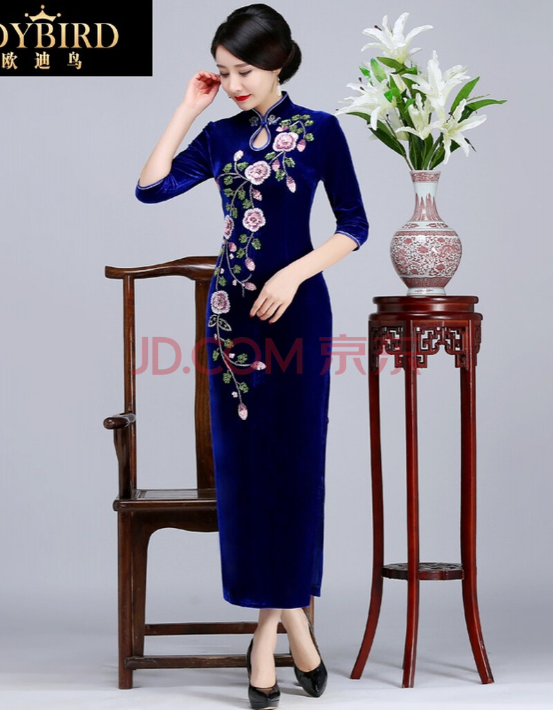 欧迪鸟品牌女装中老年妈妈旗袍裙长款宴会复古女士丝绒旗袍连衣裙改良