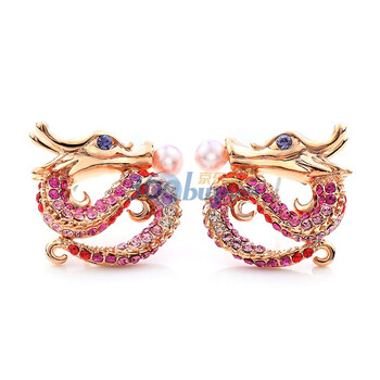 molie莫莉 无耳洞 耳夹 珍珠耳钉 腾龙耳环 水钻球 中国风龙形水晶