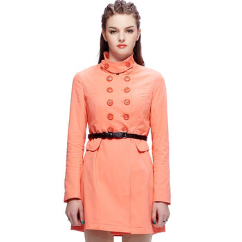 俪亨just mode春装欧美风双排扣立翻领修身风衣 女 中长款 桔粉 m