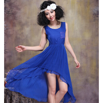 2013春夏新款连衣裙 压褶燕尾长裙子大码 蓝色 m