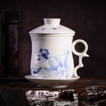 随园茶道 骨瓷老板办公飘逸杯陶瓷开会议泡茶水杯子带盖手柄过滤芯