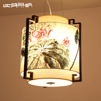 比月中式餐厅茶楼复古手绘吊灯古典装饰手工木艺羊皮原创书房灯具2365