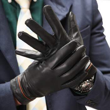 mandys曼迪斯新品男式欧美时尚款黑色皮手套男士驾车真羊皮手套冬季