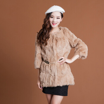 新款皮草 女式兔毛长款外套圆领中长袖韩版修身皮草fzl8916 象皮粉 m