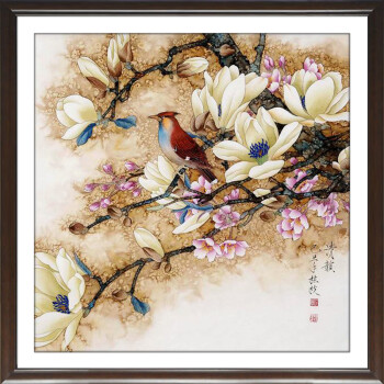装饰画客厅现代强壁挂画餐厅卧室实木简约有框中国式字画书法鸟语田园花香花鸟图 H 60*60cm/幅