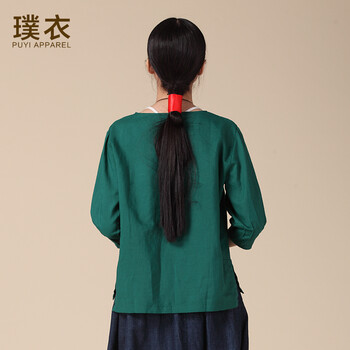 璞衣  2015春夏新款棉麻女装 纯色衬衫文艺范简约圆领套头纯色五分袖衬衫00027 绿色 均码