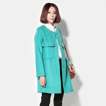 可帛恩2013秋冬装新款女式羊毛呢大衣圆领长袖呢料外套wb3385 绿色 s