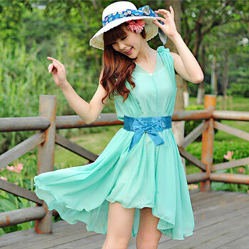 韩版仙女裙纯色荷叶边v领无袖雪纺修身连衣裙裙子女1681# 水湖青色 m