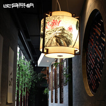 比月中式餐厅茶楼复古手绘吊灯古典装饰手工木艺羊皮原创书房灯具2365