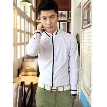 惜蜜袅新品气质型男 色丁撞色休闲衬衣 韩版修身男士长袖衬衫 6582