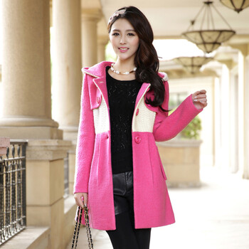 精品欧美特呢料大衣 女时尚呢子外套 ny18 玫红色 xl
