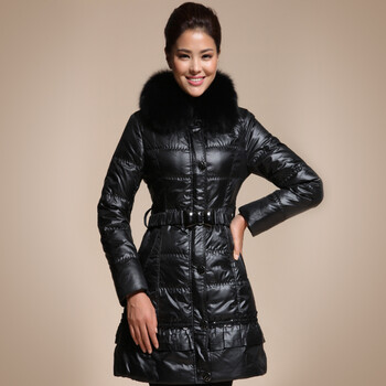 雪国天娇2013新款大毛领羽绒服 女中长款正品修身512221 13黑色 m