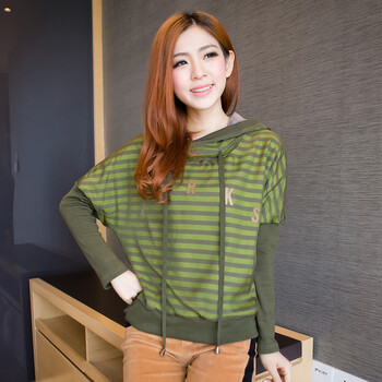 阿玛思2014新款条纹连帽宽松套头长袖卫衣女wy139 军绿色 均码