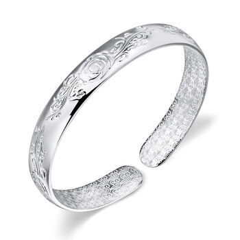 年终热卖 梦祥 银饰990女士手镯 10mm压花花手镯手镯 纯银宽面手镯