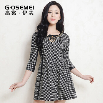 高裳伊美 2014春季女装新款韩版七分袖大码显瘦修身圆点连衣裙cgm1420