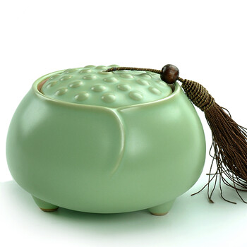 唐丰 开片汝窑茶叶罐茶具 普洱茶密封罐 浮雕雕刻大号汝瓷陶瓷罐 茶道配件TF-1619 珠圆玉润
