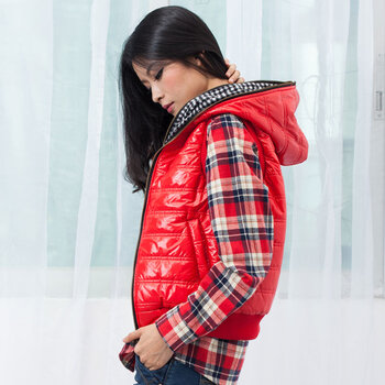 特尚莱菲 秋冬新款女装加厚短款连帽涂层防水马甲外套 QW039 红色 M