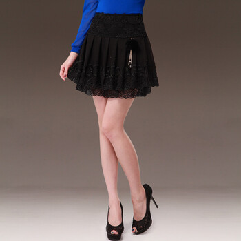onebuye 网纱烫钻蕾丝a字裙蓬蓬百褶短裙半身裙 黑色 m