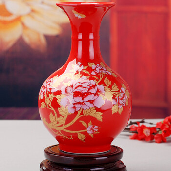 鼎公 景德镇陶瓷花瓶 中国红富贵牡丹瓶 结婚礼物 工艺摆件赏瓶hp027