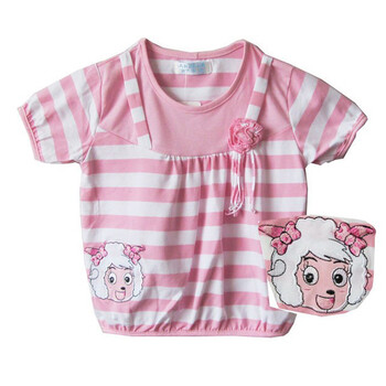 煜婴坊童装 美羊羊条纹假2件绣花全棉短袖t恤 粉红 160