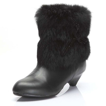 诗vanies 蝴蝶结系带兔毛短靴 秋冬真皮中跟女靴子 冬季清仓332524