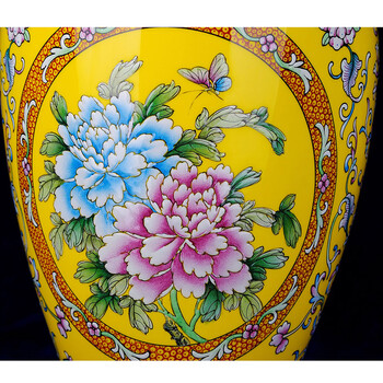 帝王黄瓷 黄色花瓶 大口梅瓶 牡丹荷花 朋友同学结婚礼品 雪狼hb3217