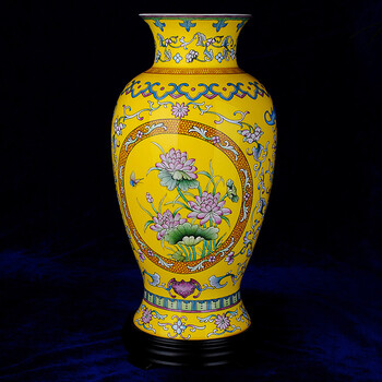 帝王黄瓷 黄色花瓶 大口梅瓶 牡丹荷花 朋友同学结婚礼品 雪狼hb3217