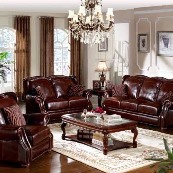 美乐乐家具 客厅沙发组合 真皮沙发1 2 3 美式古典实木沙发 沙发套装