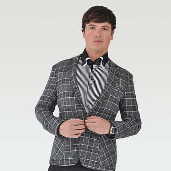 摩登摩瓦 2014 英伦风简约格子西装法式混搭外套男士修身休闲西服 x