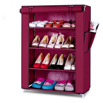 超杰(chaojie)鞋柜 简易 单排四层布鞋柜 防尘 加厚 收纳鞋柜 酒红色
