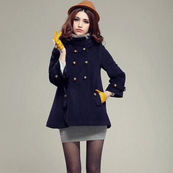 冬装新款 韩版女装立领双排扣喇叭袖斗篷大衣毛呢大衣毛呢外套 411527
