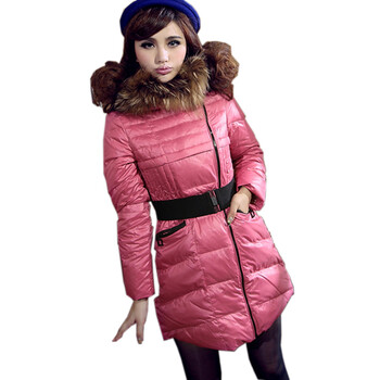 羽奥正品2012新款冬装韩版修身连帽大毛领系腰带长款羽绒服 女 31220