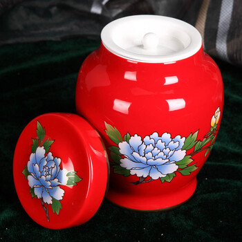 大唐源 湖南醴陵红瓷茶叶罐牡丹花面 实用型装饰品