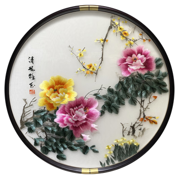 苏绣装饰画清风雅玉圆形手工刺绣挂画高档牡丹成品壁画玄关桌柜上装饰