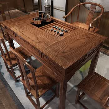 森林交响实木茶桌椅组合实木茶桌 功夫茶桌 茶台桌 茶几桌 泡茶桌 茶道桌子 茶艺桌 新中式茶桌 桌子 四弦茶桌+1卷书椅+4圈椅（升级加厚款 ...