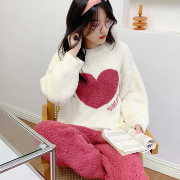 elgk软绵绵睡衣甜美可爱大爱心秋冬加绒加厚珊瑚绒家居服套装红色均码