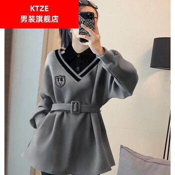 ktze秋天衣服女装新款灰色拼接收腰卫衣女春设计感小众气质上衣春季
