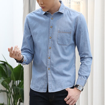 衬衫男春秋季棉质牛津纺日系休闲水洗牛仔衬衫修身男子上衣浅蓝色s