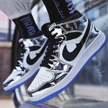 男鞋aj运动休闲鞋男鞋莆田aj篮球鞋空军一号高帮男板鞋男士鞋子 银色