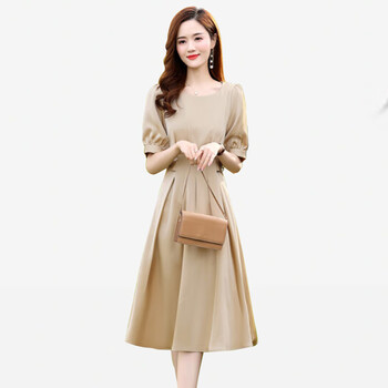 奥豚缎面连衣裙女装气质2024夏装收腰显瘦中长裙at22002卡其色xl