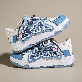 大东ins国潮学院休闲面包鞋牛仔蓝撞色破布小众设计字母板鞋女运动鞋