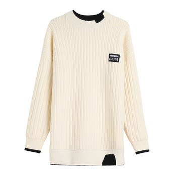 毛衣女宽松版假两件套头针织衫慵懒风外穿毛衫通勤女装一件米白均码