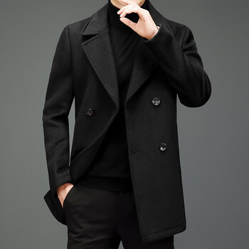 大衣男中长款双面呢秋季风衣西装领潮男士双排扣羊毛呢子外黑色eur54