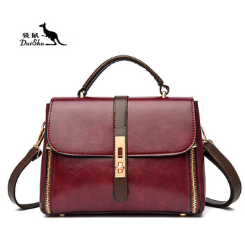 袋鼠kangaroo牌牛皮包包女2022新款软皮复古手提包百搭单肩斜挎包酒