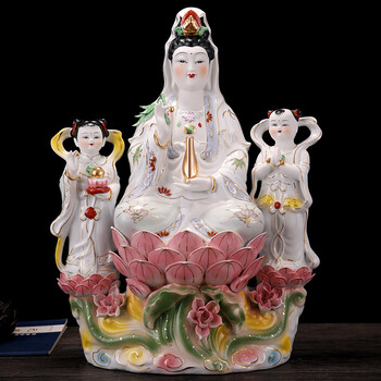 纯白南海观音菩萨佛像金童玉女观音居家装饰客厅摆件双童观世音 24寸