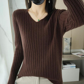 秋冬领毛衣女套头长袖宽松针织衫内搭鸡心领打底衫上衣咖啡色m115斤